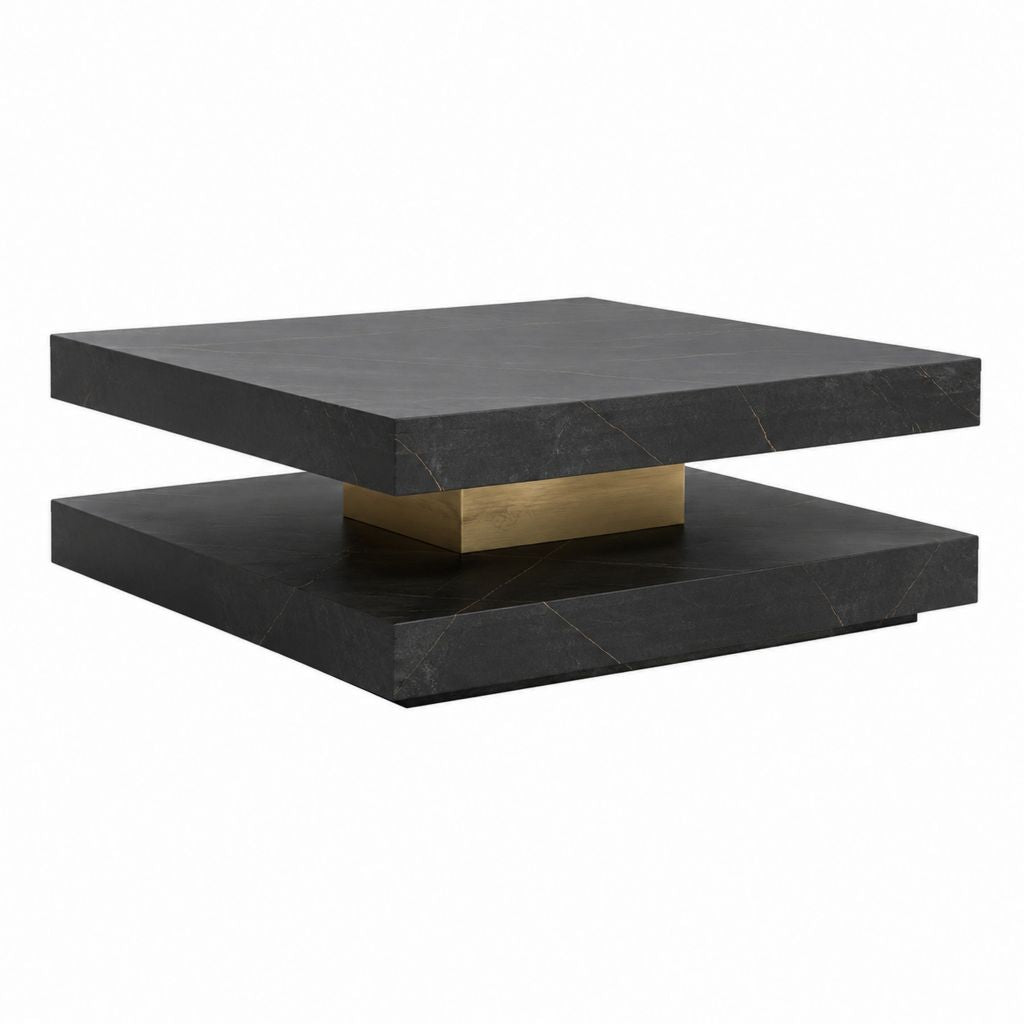 Couchtisch Schwarz Gold Sinterstein Edelstahl quadratisch 100 x 100 x 35 cm