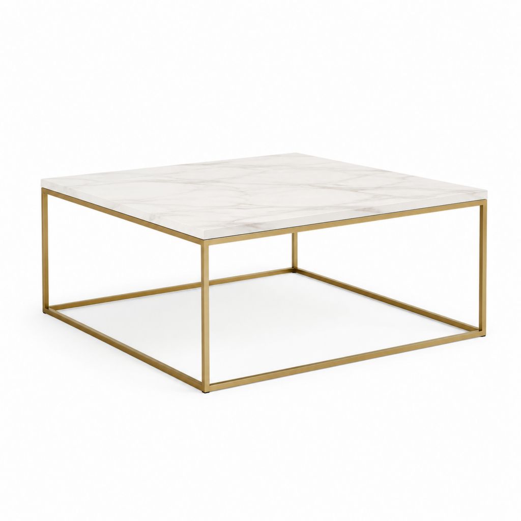 Couchtisch quadratisch Weiß Gold mit Sintersteinplatte und Edelstahlgestell 100 x 100 x 35 cm