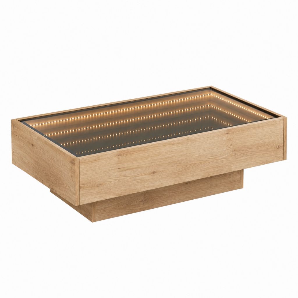 LED Couchtisch Eiche furniert rechteckig mit Glasplatte 120 x 60 x 40 cm