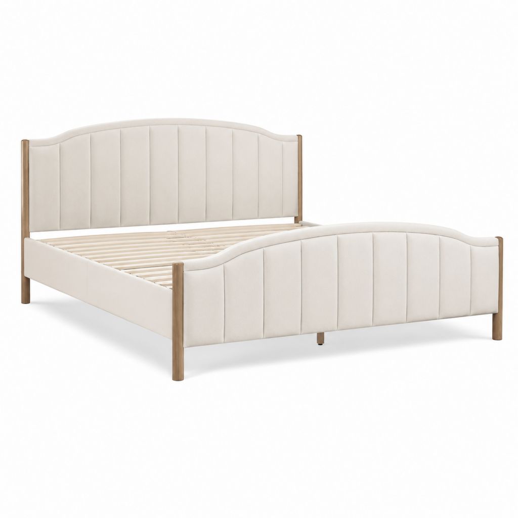 Polsterbett Doppelbett Creme mit Polyesterbezug und Gummibaumholz 160 x 200 cm