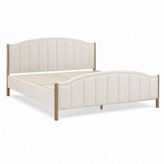 Polsterbett Doppelbett Creme mit Polyesterbezug und Gummibaumholz 160 x 200 cm