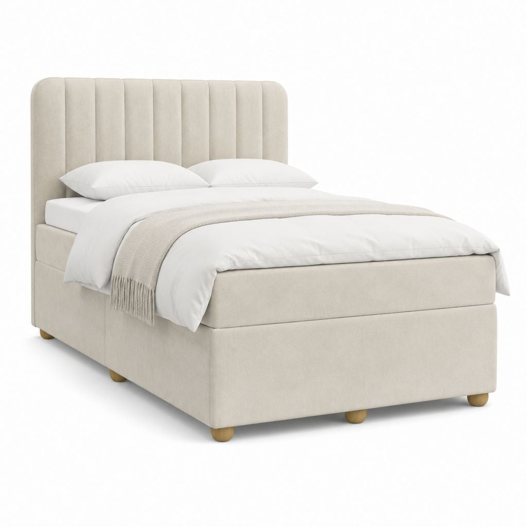 Polsterbett Doppelbett Beige mit Polyestersamtbezug und vertikal gepolstertem Kopfteil 160 x 200 cm