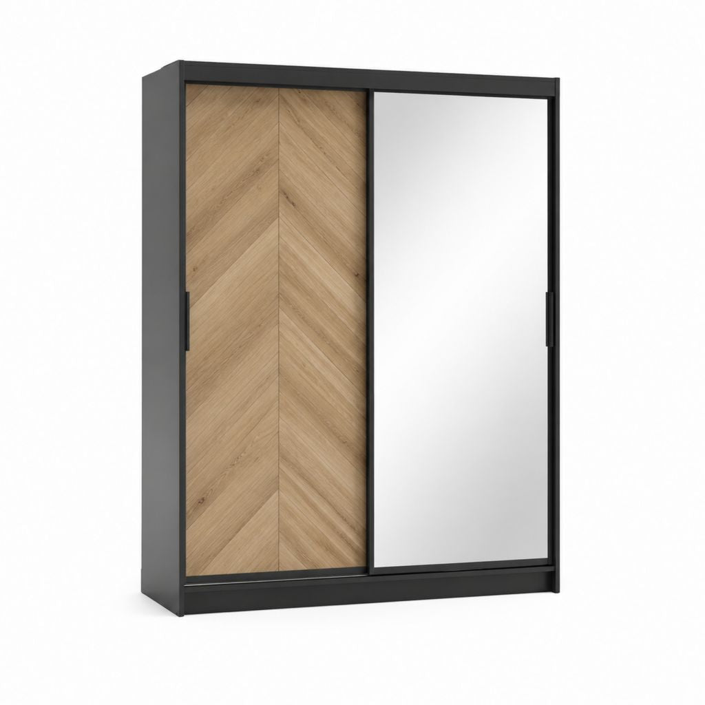 Schwebetürenschrank Schwarz Eiche-Dekor Spanplatte mit Spiegel 150 x 60 x 200 cm