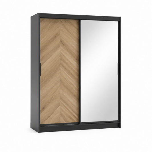 Schwebetürenschrank Schwarz Eiche-Dekor Spanplatte mit Spiegel 150 x 60 x 200 cm