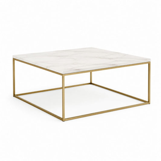 Couchtisch quadratisch Weiß Gold mit Sintersteinplatte und Edelstahlgestell 100 x 100 x 35 cm