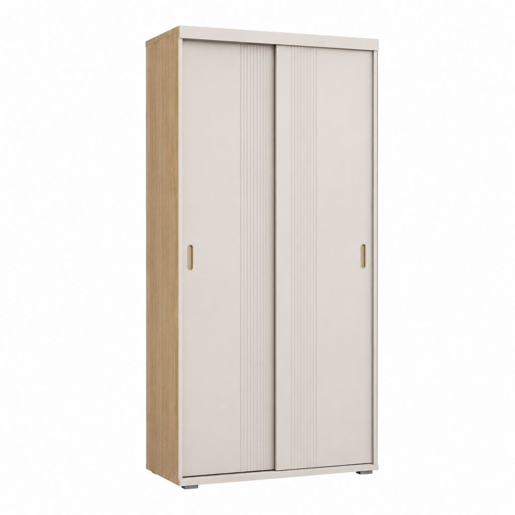 Kleiderschrank mit 2 Schiebetüren Weiß Eiche Spanplatte 100 x 60 x 200 cm