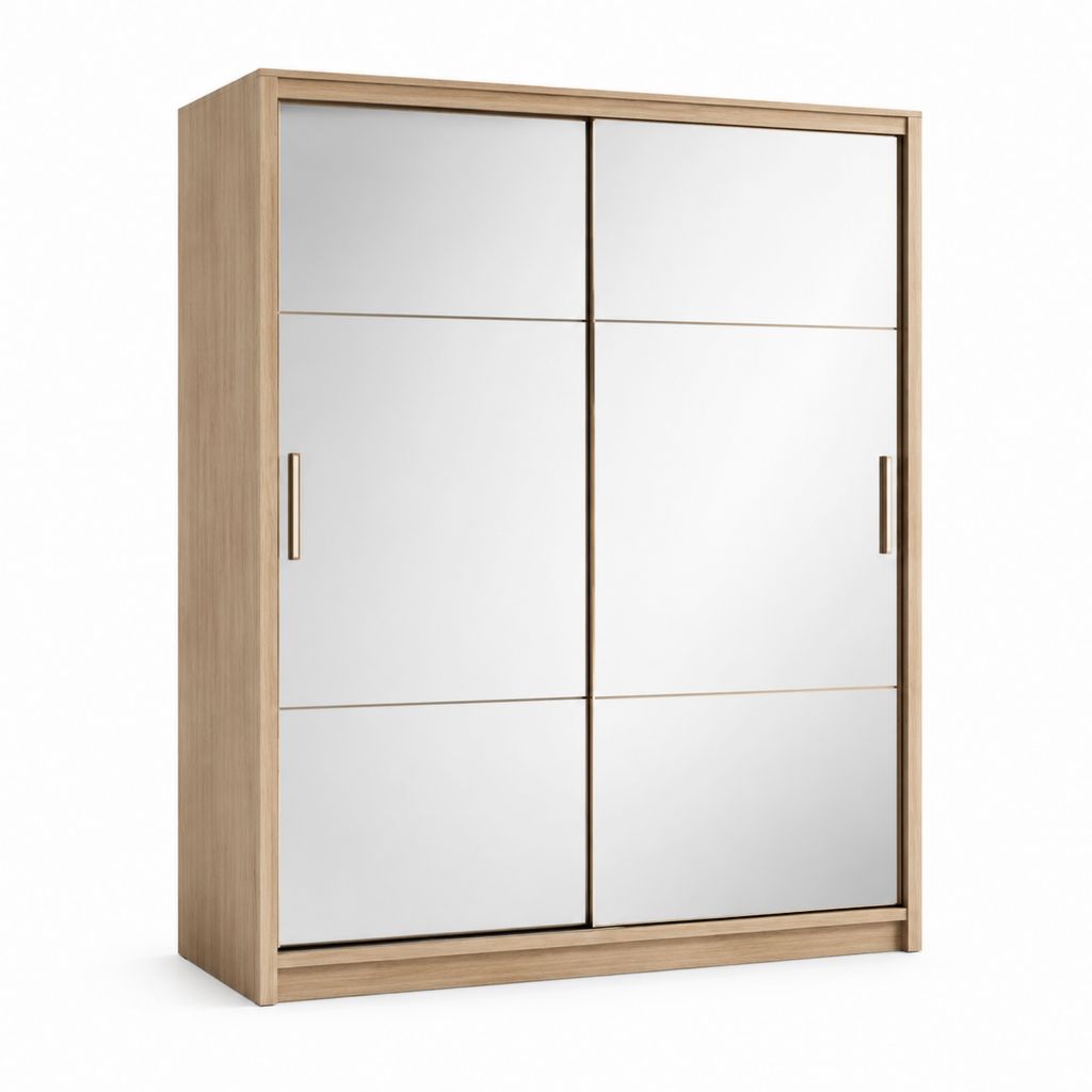 Schwebetürenschrank Eiche-Optik mit Spiegelglas 150 x 60 x 200 cm