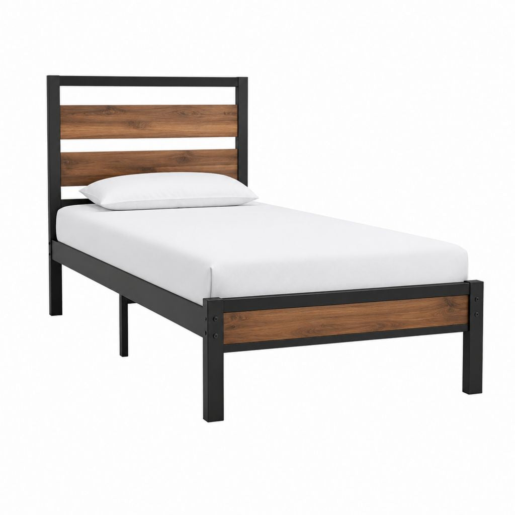 Einzelbett Bettgestell Schwarz Braun Stahl MDF Holzoptik 90 x 200 cm